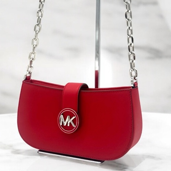 Michael Kors Carmen Small Pouchette Crossbody Bag Red/Silver - Picture 1 of 9